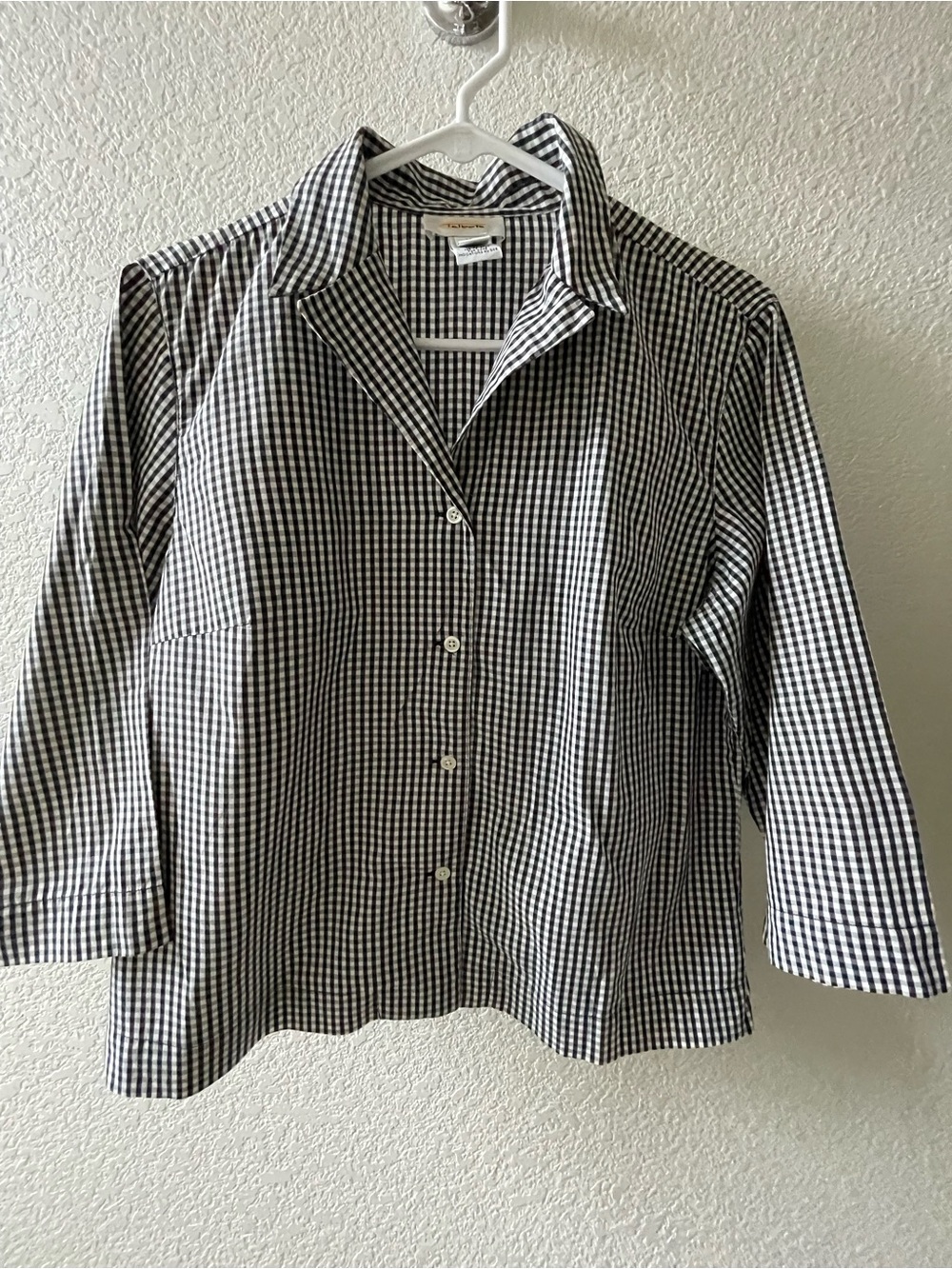 Talbots Black & White Gingham Button-Up 3/4 Sleeve Top